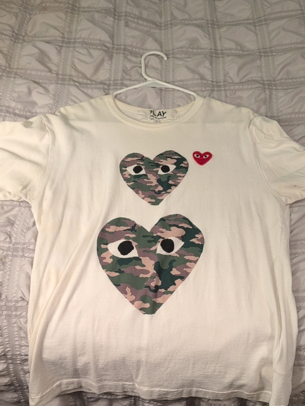 Comme Des Garcons White Tee with Camo Heart Graphics
